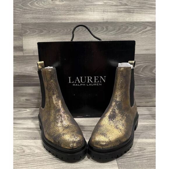 Lauren Ralph Lauren Corinne Leather Chelsea Boots Pull On Black Bronze Size 6B - Picture 1 of 16